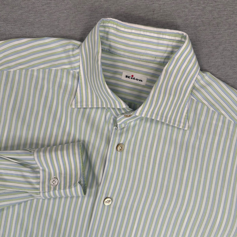 Kiton Dress Shirt Men Size 43 Blue Green Stripe Cotton Long Sleeve Made in Italy
